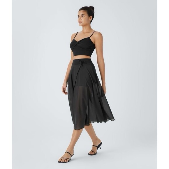 Halara NWT Midi Skirt XL Drawstring Waist Mesh 2-in-1 Flowy - Picture 2 of 12